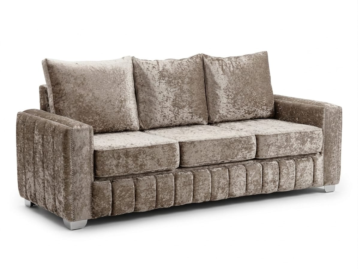 Luxury Crushed Velvet Sofa – Modern Beige/Taupe Upholstered Couch