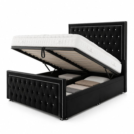 Black Velvet Chesterfield Bed (With Storage)