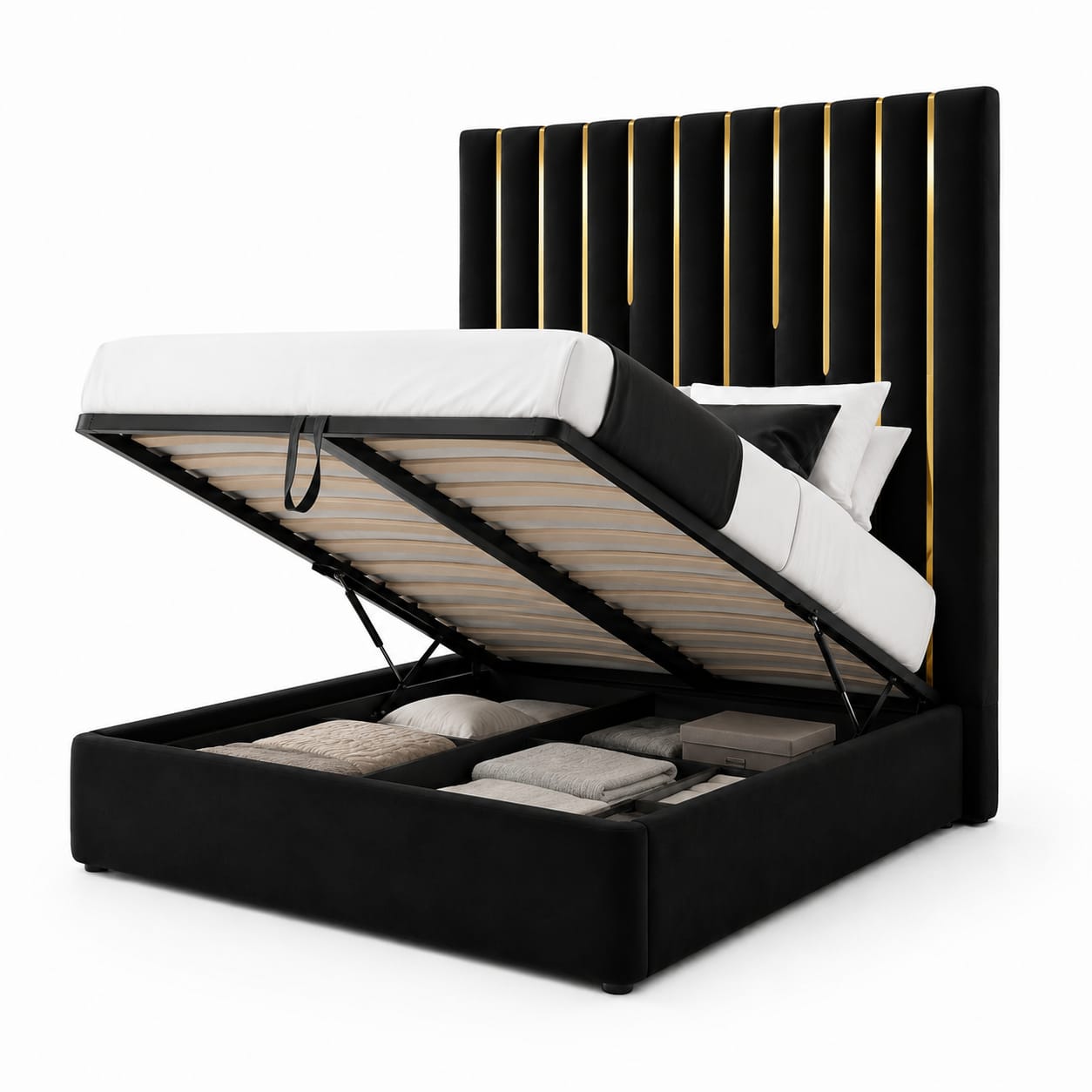 Luxury Black & Gold Vertical Panel Bed Frame (With Storage)