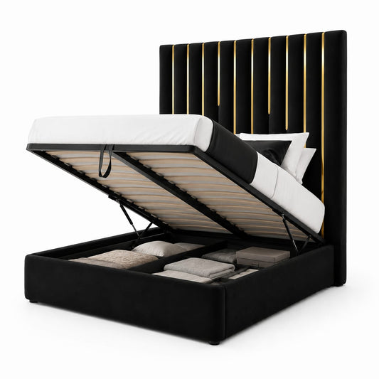 Luxury Black & Gold Vertical Panel Bed Frame (With Storage)
