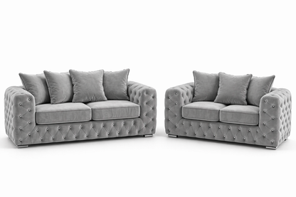 Luxury Grey Velvet Chesterfield Sofa – Diamond Tufted