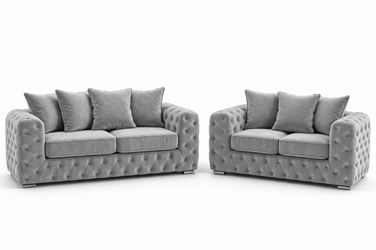 Luxury Grey Velvet Chesterfield Sofa – Diamond Tufted